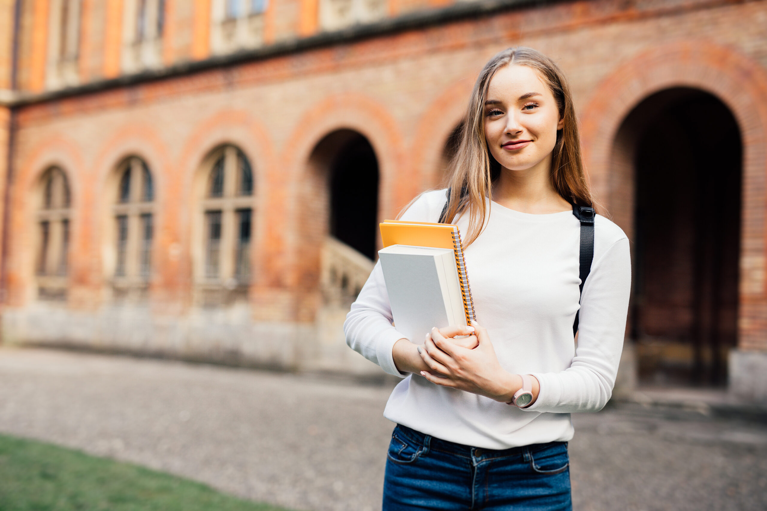 Female College Student. Happy Girl In European University For Sc Female College Student